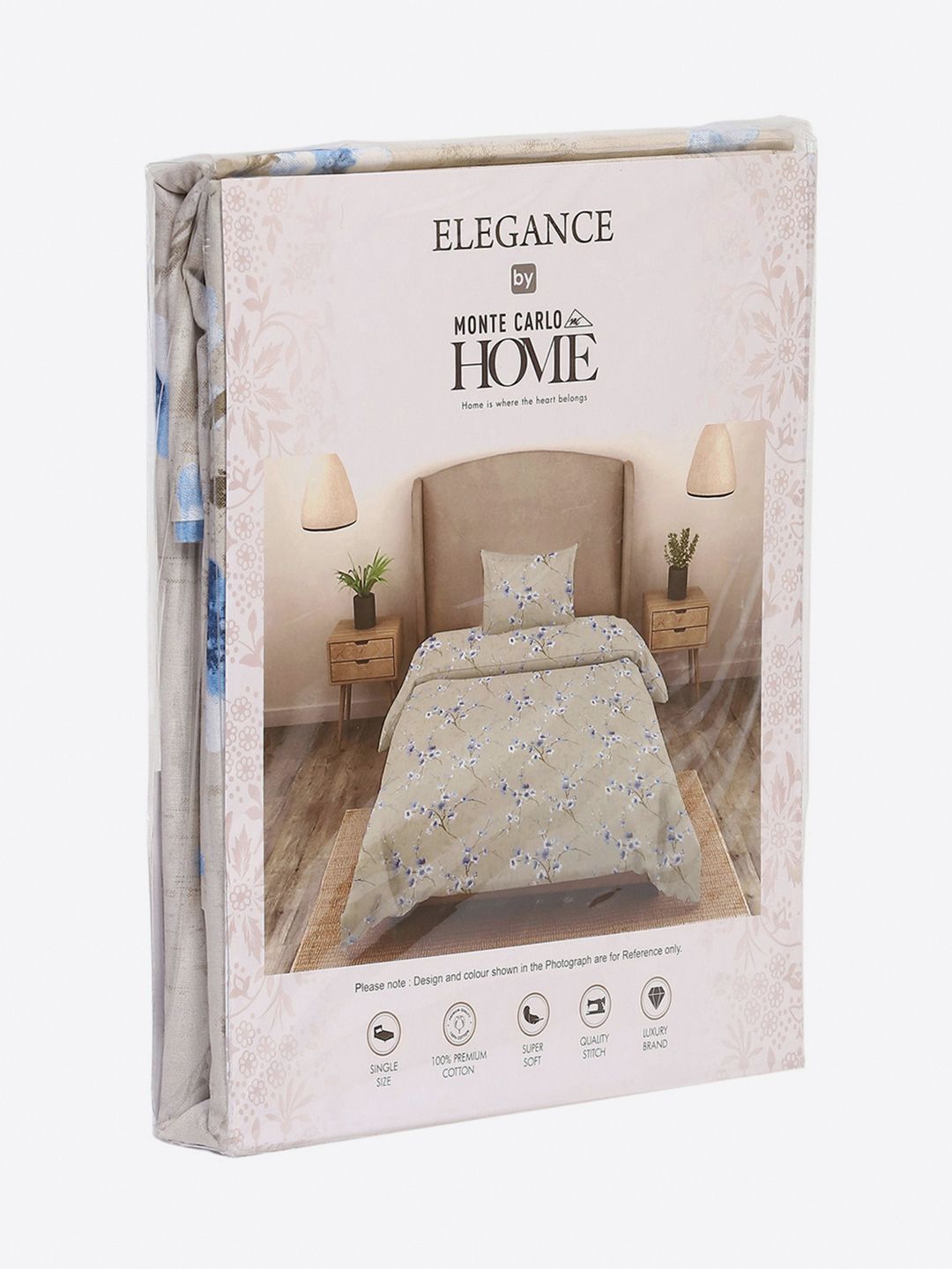 Monte Carlo Blue Floral Cotton 104 TC Single Bedsheet with 1 Pillow Covers- 2.24mx1.52m