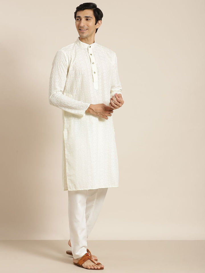 SOJANYA Men Cream-Coloured Chikankari Pure Cotton Kurta with Churidar & Nehru Jacket
