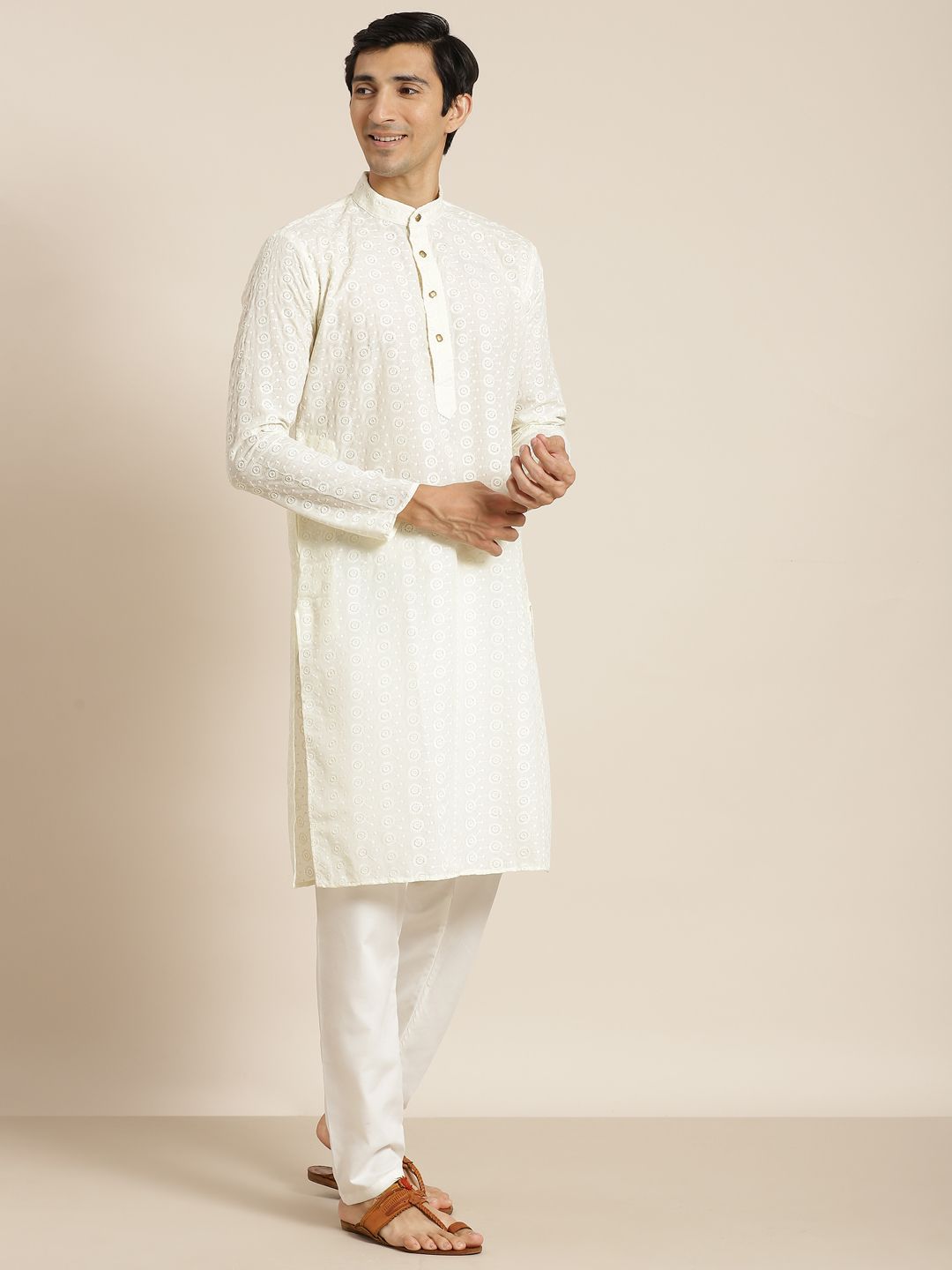 SOJANYA Men Cream-Coloured Chikankari Pure Cotton Kurta with Churidar & Nehru Jacket