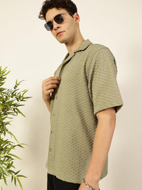 Thomas Scott Men Premium Cuban Collar Textured Solid Cotton Relaxed Fit Casual Shirt