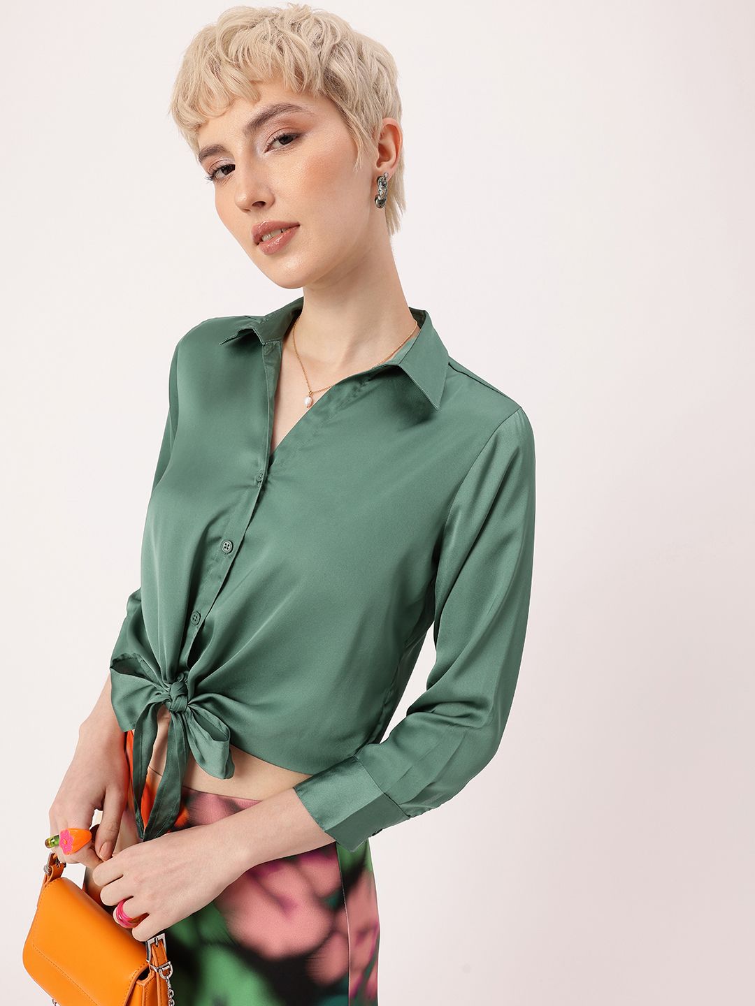 DressBerry Minimalistic Elegance Waist-Tied Satin Shirt