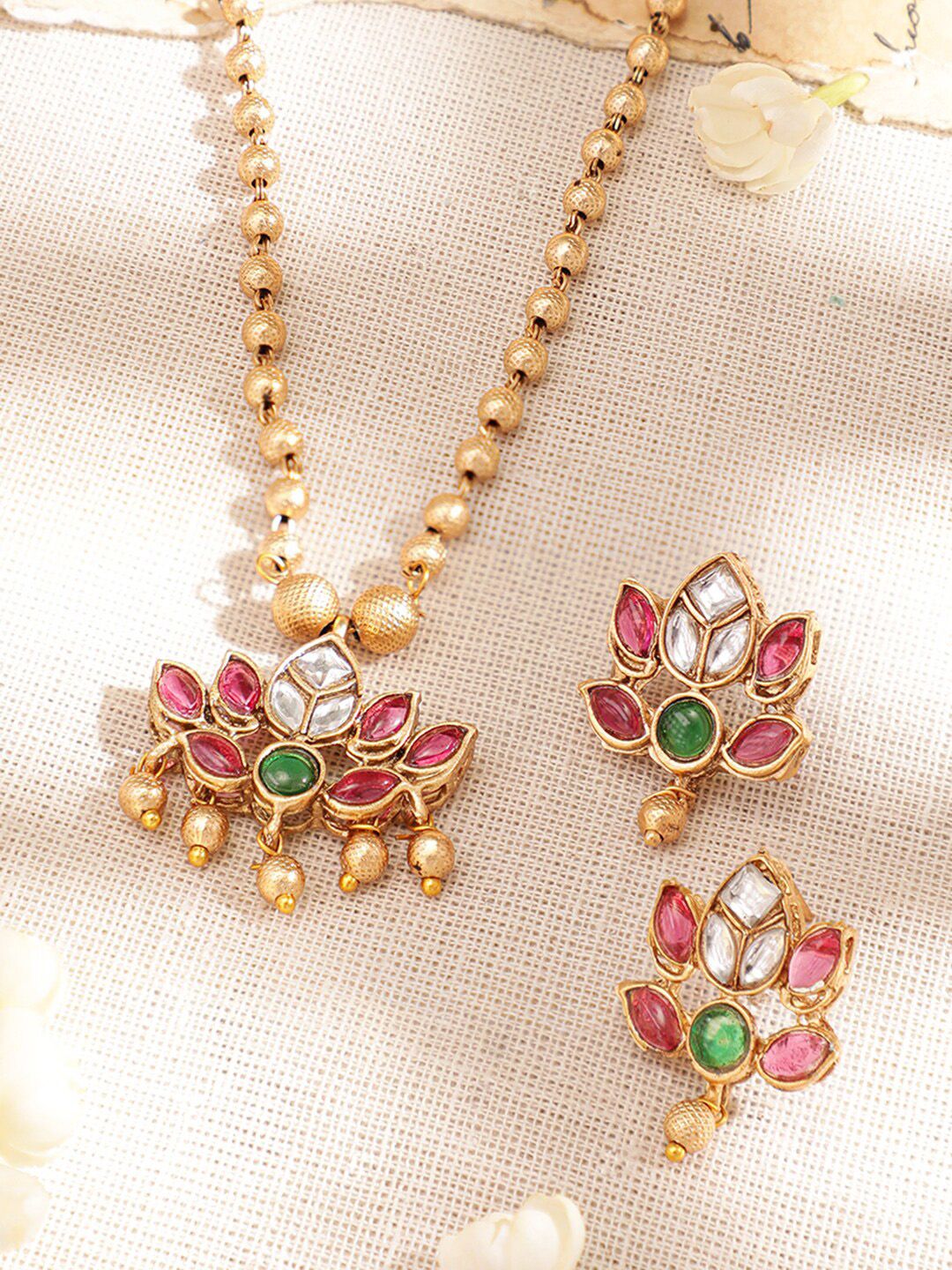 Rubans 22K Gold-Plated Ruby Pink & Emerald Stone Studded Handcrafted Necklace with Earring