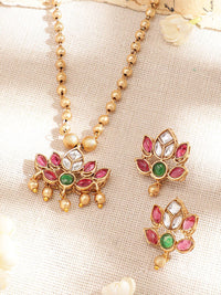 Rubans 22K Gold-Plated Ruby Pink & Emerald Stone Studded Handcrafted Necklace with Earring