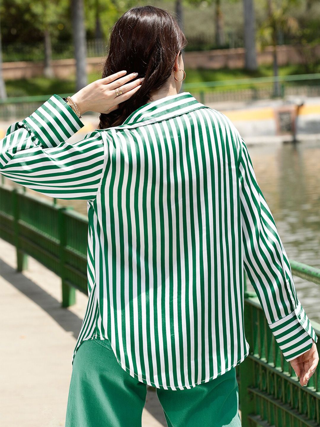 STREET 9 Green & White Comfort Opaque Striped Longline Casual Shirt