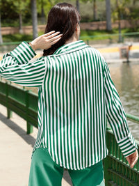 STREET 9 Green & White Comfort Opaque Striped Longline Casual Shirt