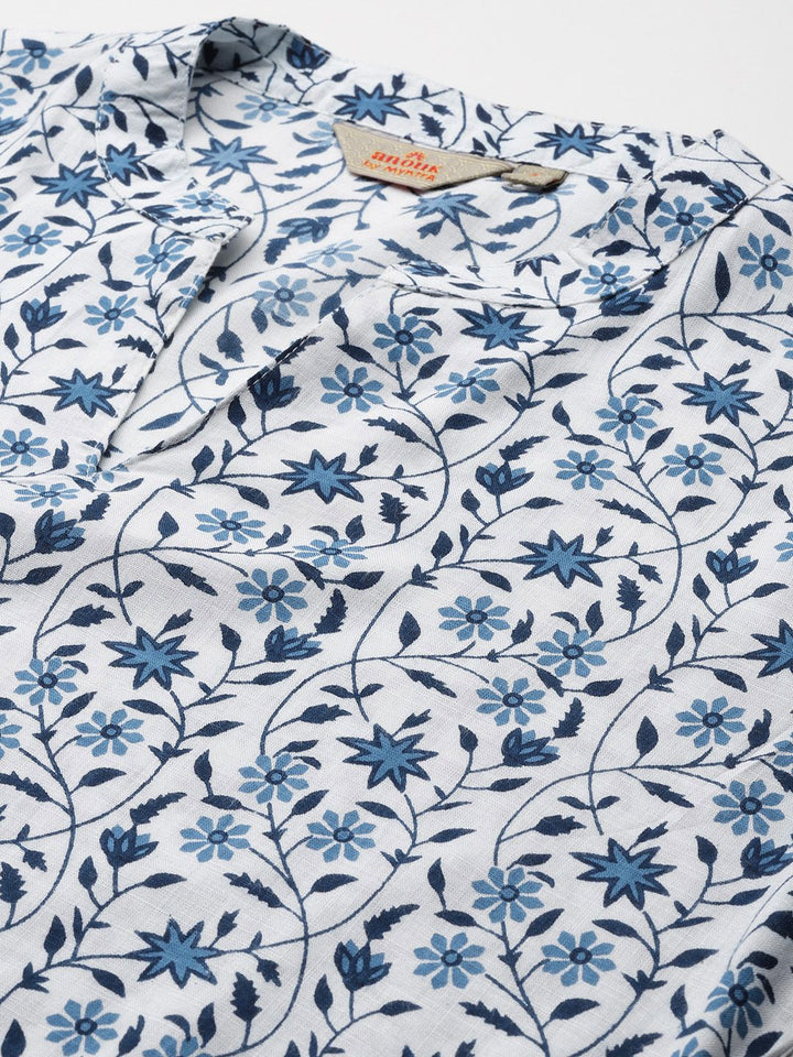 Anouk Floral Printed Band Collar Straight Kurta with Trousers & Dupatta
