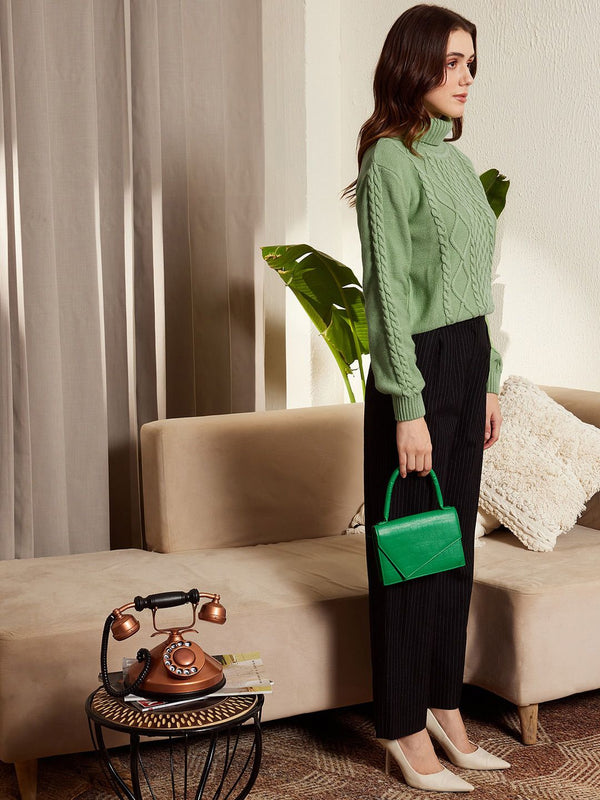 Berrylush Green Cable Knit Self Design Turtle Neck Acrylic Pullover Sweater