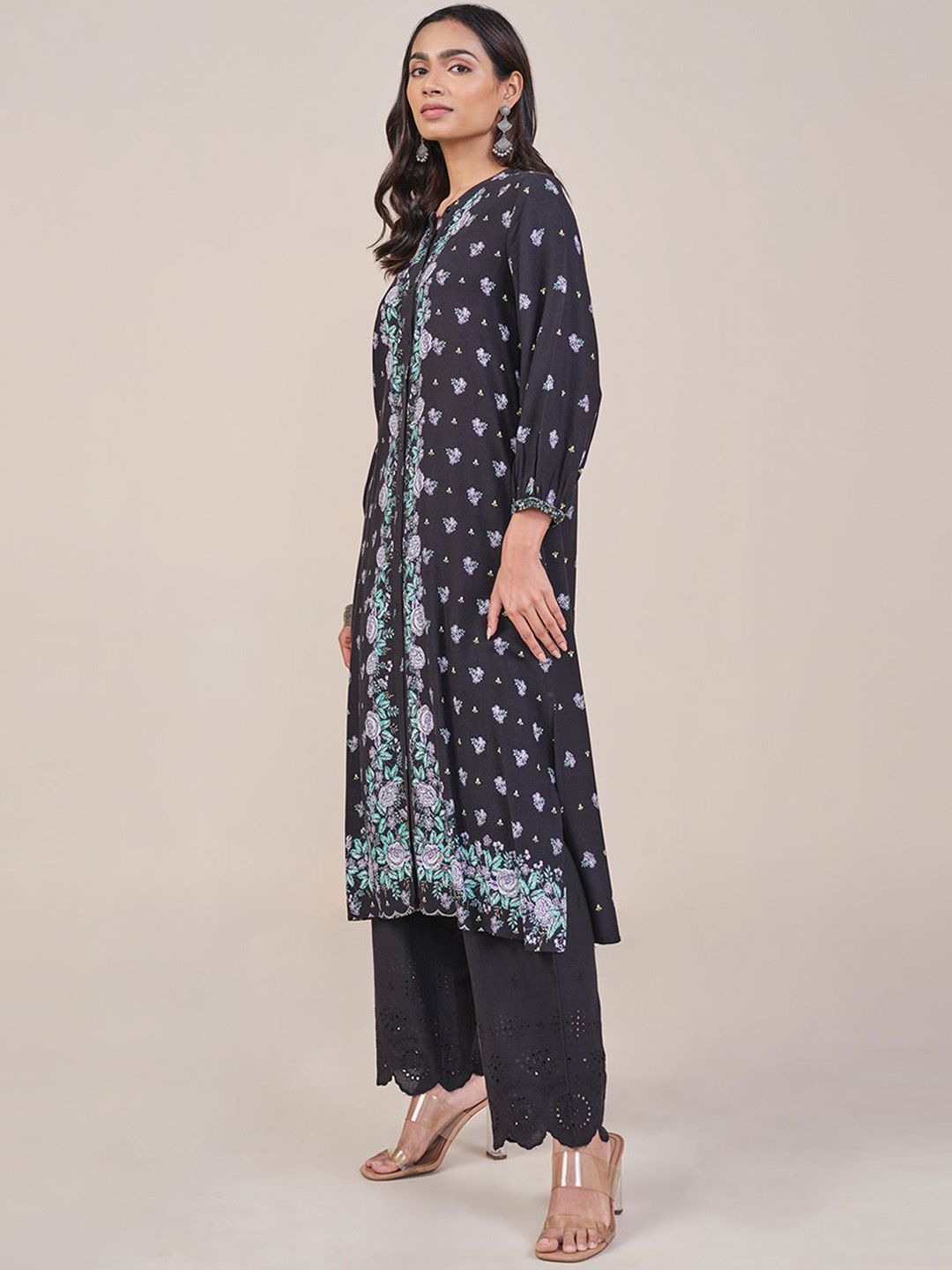 Global Desi Floral Printed Band Collar Straight Kurta