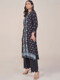 Global Desi Floral Printed Band Collar Straight Kurta