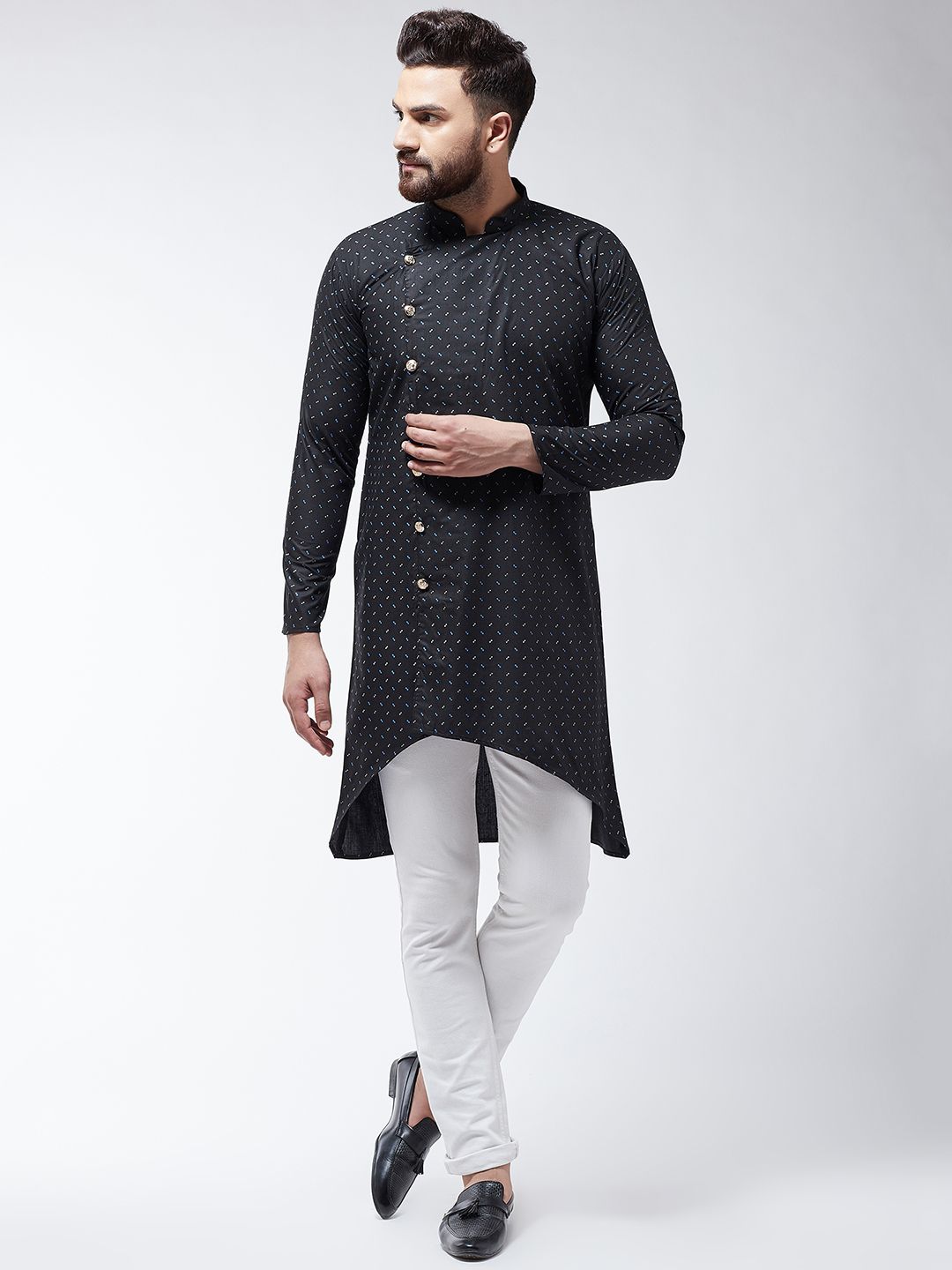 SOJANYA Lelaki Black Printed Cotton Linen Kurta Lurus