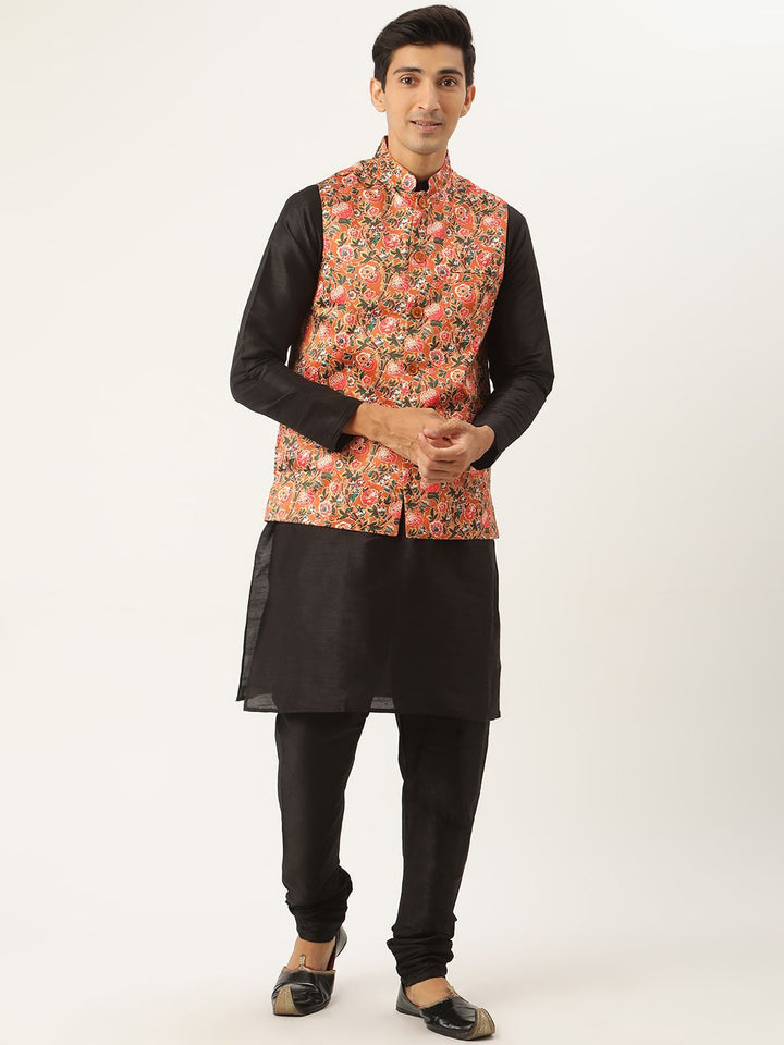 SOJANYA Set Kurta Solid Hitam Lelaki Bercetak Motif Etnik Jaket Nehru