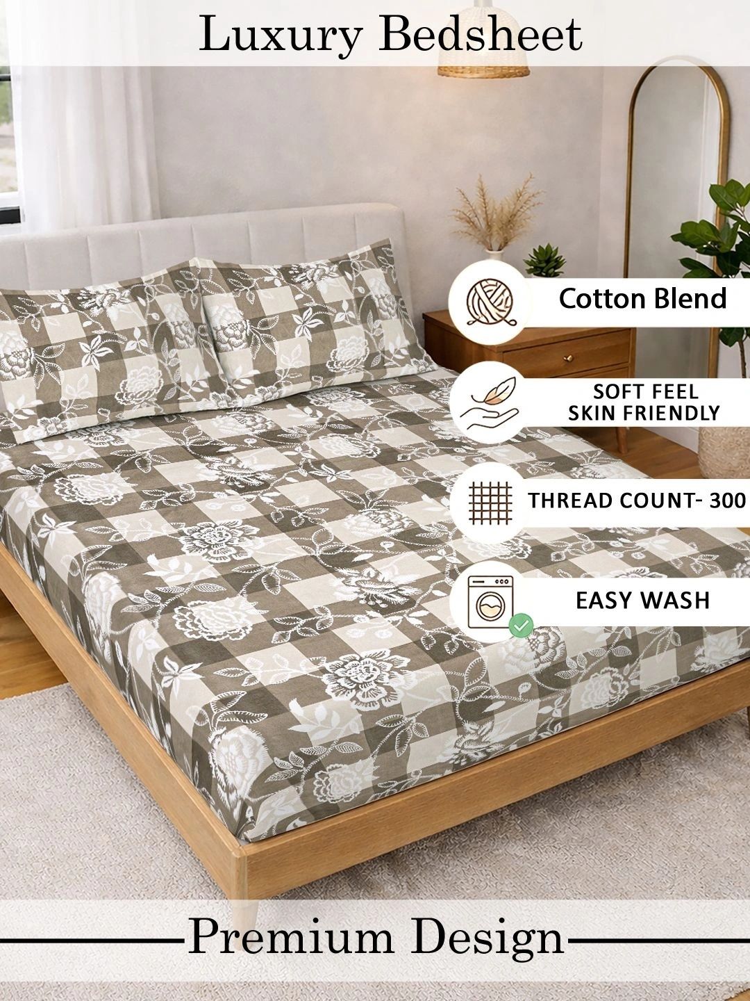 Moda Rapido X KLOTTHE Beige Geometric Printed Floral 300 TC Bedsheet with 2 Pillow Covers
