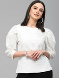 style quotient women Schiffli Puff Sleeve Cotton Regular Top