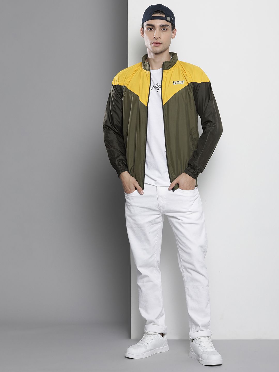 The Indian Garage Co Men Olive Green & Yellow Colourblocked Windcheater Jacket