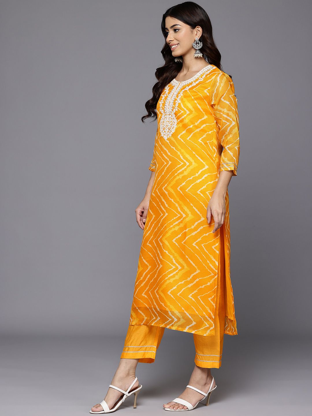 Varanga Printed Thread Work Sequinned Kurta With Trousers & Dupatta