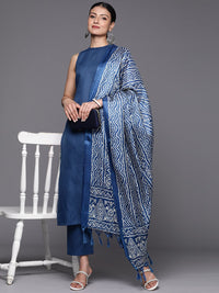 Varanga Blue Sleeveless Halter Neck Straight Kurta with Trouser & Bandhani Printed Dupatta