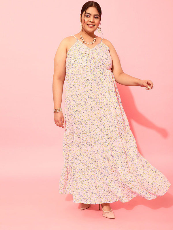 CURVY STREET Plus Size Peach-Coloured & White Floral Printed Shoulder Straps A-Line Dress