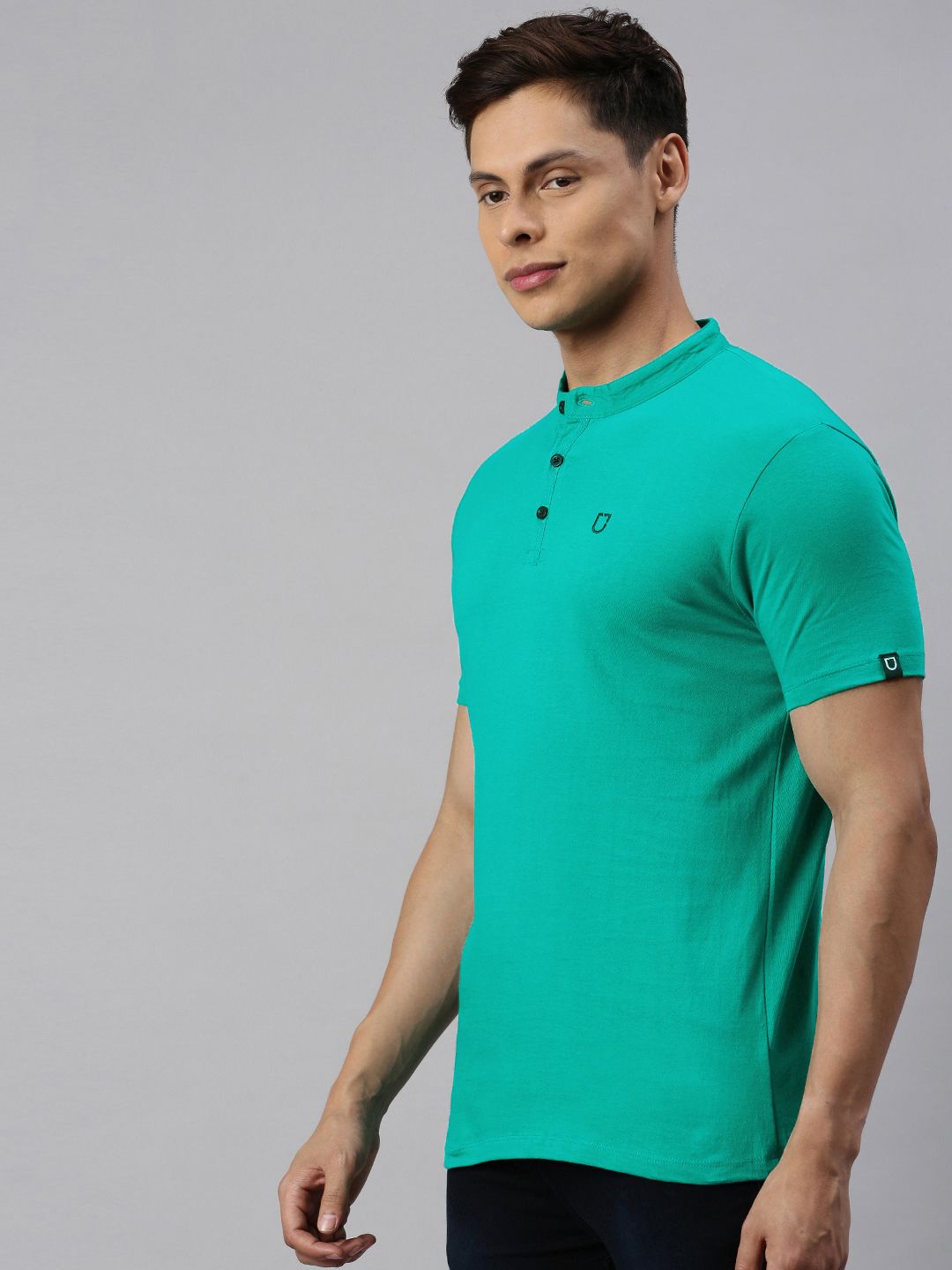 Urbano Fashion Men Teal Green Slim Fit Solid Mandarin Collar Pure Cotton T-shirt