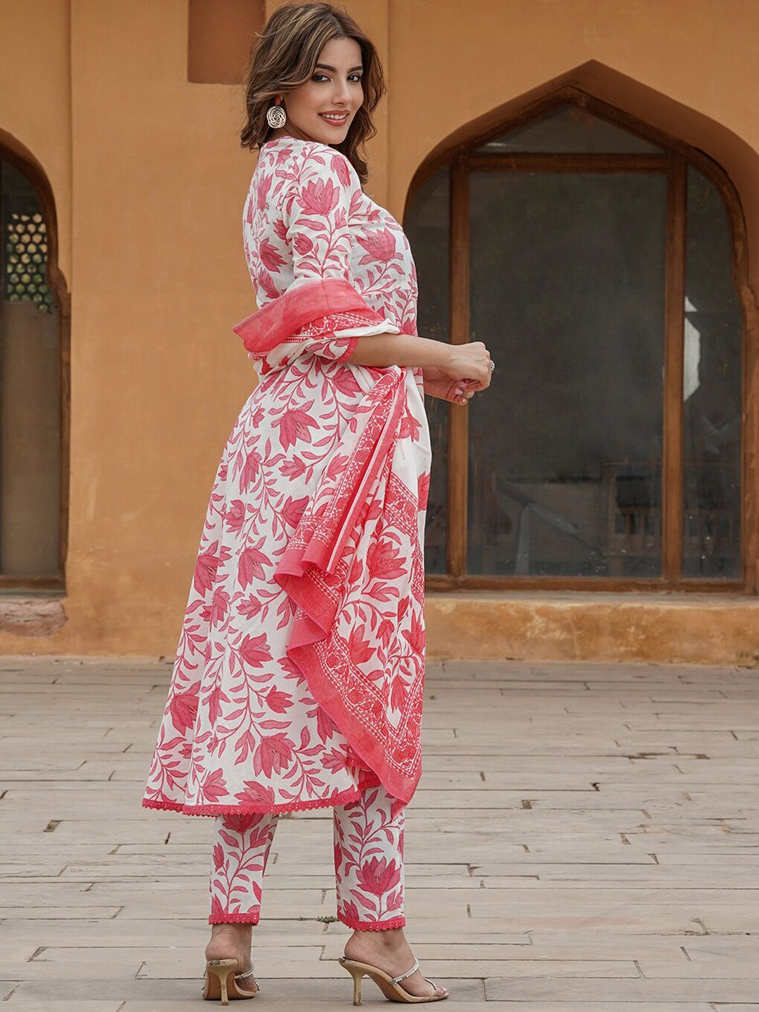 KALINI Floral Printed Pure Cotton Anarkali Kurta with Trousers & With Dupatta