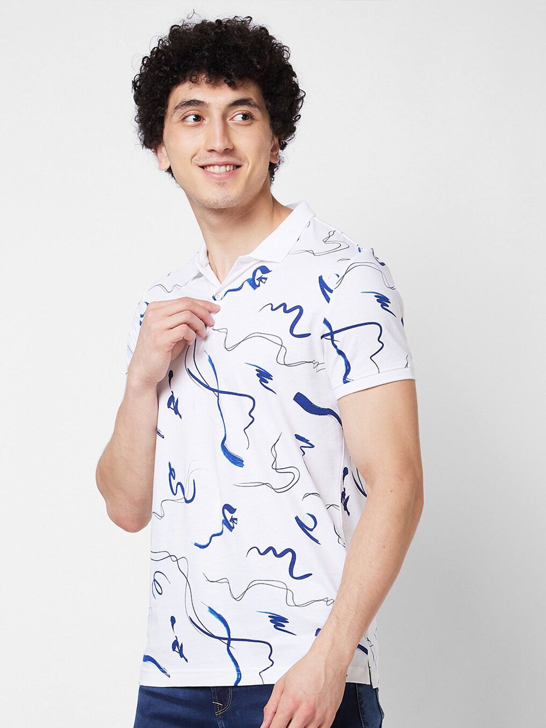 SPYKAR Abstract Printed Polo Collar Pure Cotton Slim Fit T-shirt