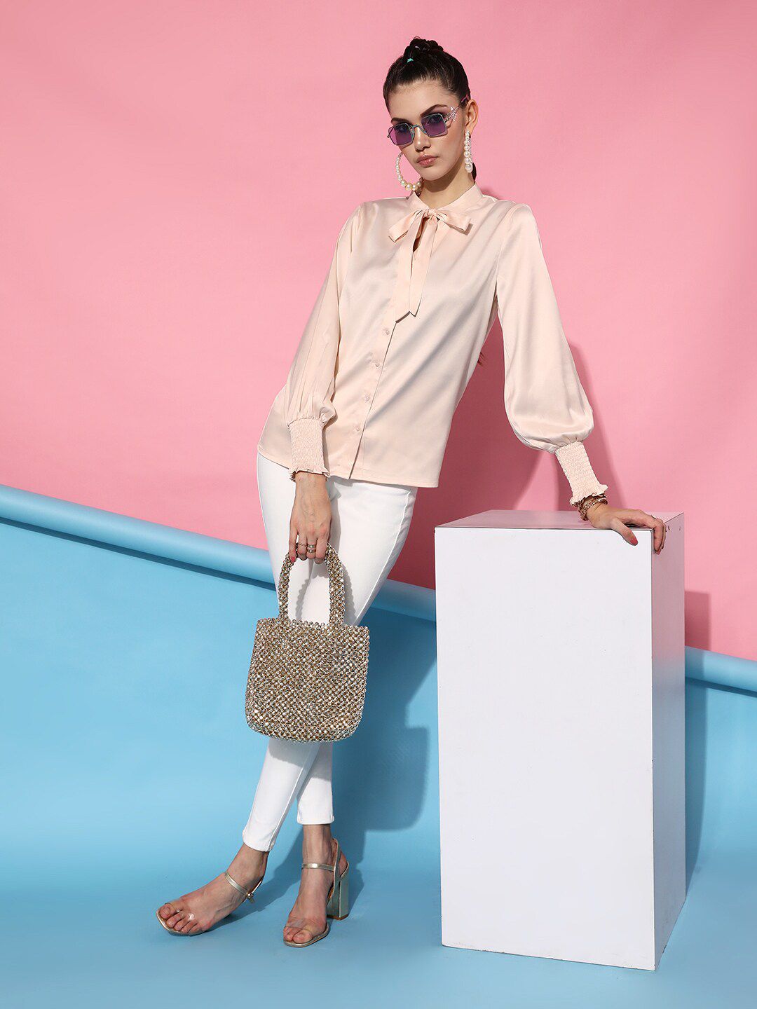 STREET 9 Women Peach-Coloured Tie-Up Casual Shirt