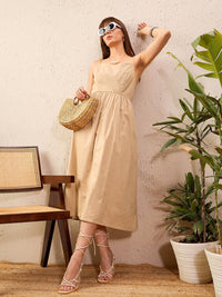 SASSAFRAS Beige Shoulder Straps Pure Cotton A-Line Midi Dress