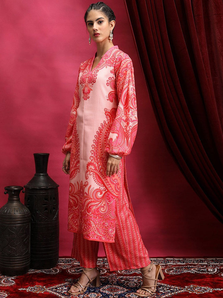 Vishudh Pink Ethnic Motifs Printed V-Neck Straight Kurta with Palazzos