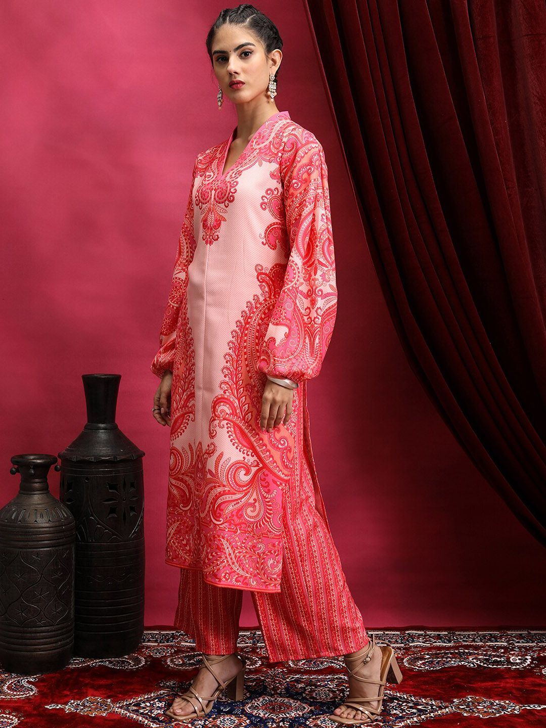 Vishudh Pink Ethnic Motifs Printed V-Neck Straight Kurta with Palazzos
