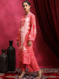 Vishudh Pink Ethnic Motifs Printed V-Neck Straight Kurta with Palazzos