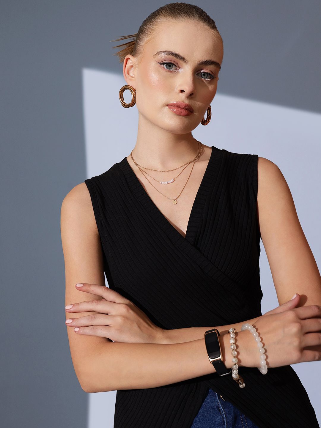 STREET 9 Solid V-Neck Sleeveless Wrap Top