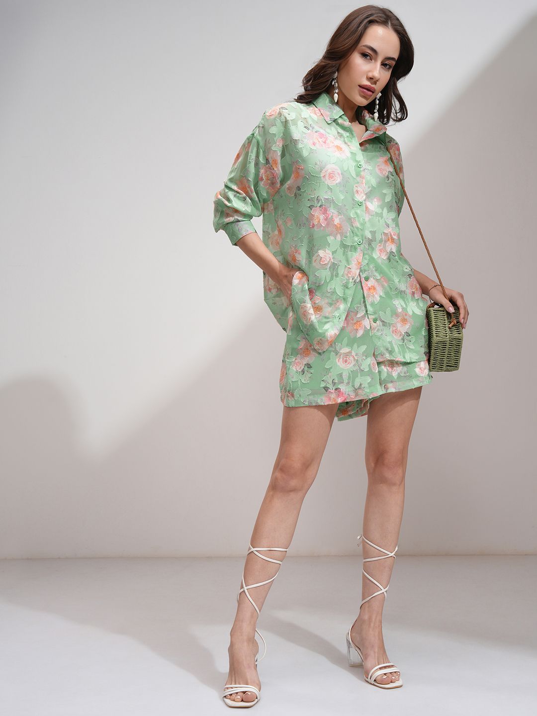 Tokyo Talkies Women Textured re Jacquard Shirt Shorts Co-Ord Set