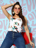 Berrylush White & Multicoloured Printed Cowl Neck Satin Crop Top