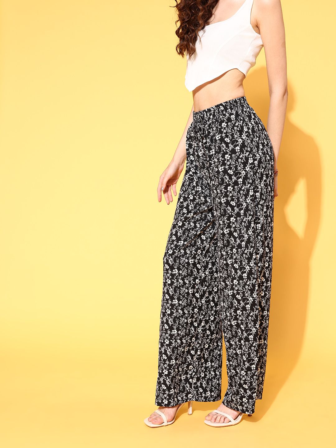 Berrylush Women Classic Black Floral Roman Column Trousers