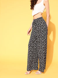 Berrylush Women Classic Black Floral Roman Column Trousers