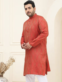 SOJANYA PLUS Men Red & Golden Jacquard Silk Woven Design Straight Kurta