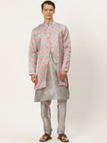 SOJANYA Men Red & Grey Ethnic Motifs Print Kurta & Churidar with Tailored Jacket