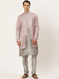 SOJANYA Men Red & Grey Ethnic Motifs Print Kurta & Churidar with Tailored Jacket