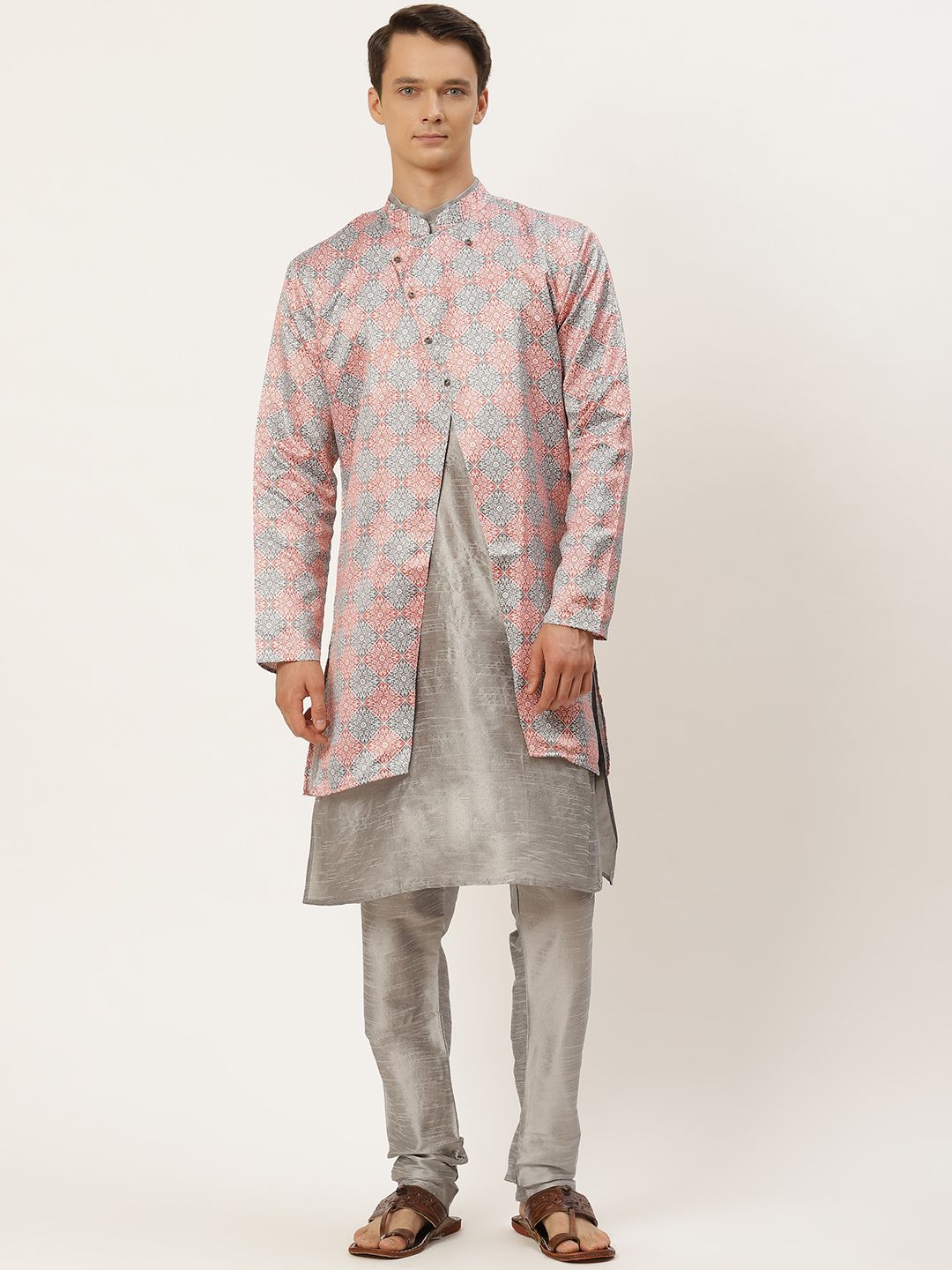 SOJANYA Men Red & Grey Ethnic Motifs Print Kurta & Churidar with Tailored Jacket