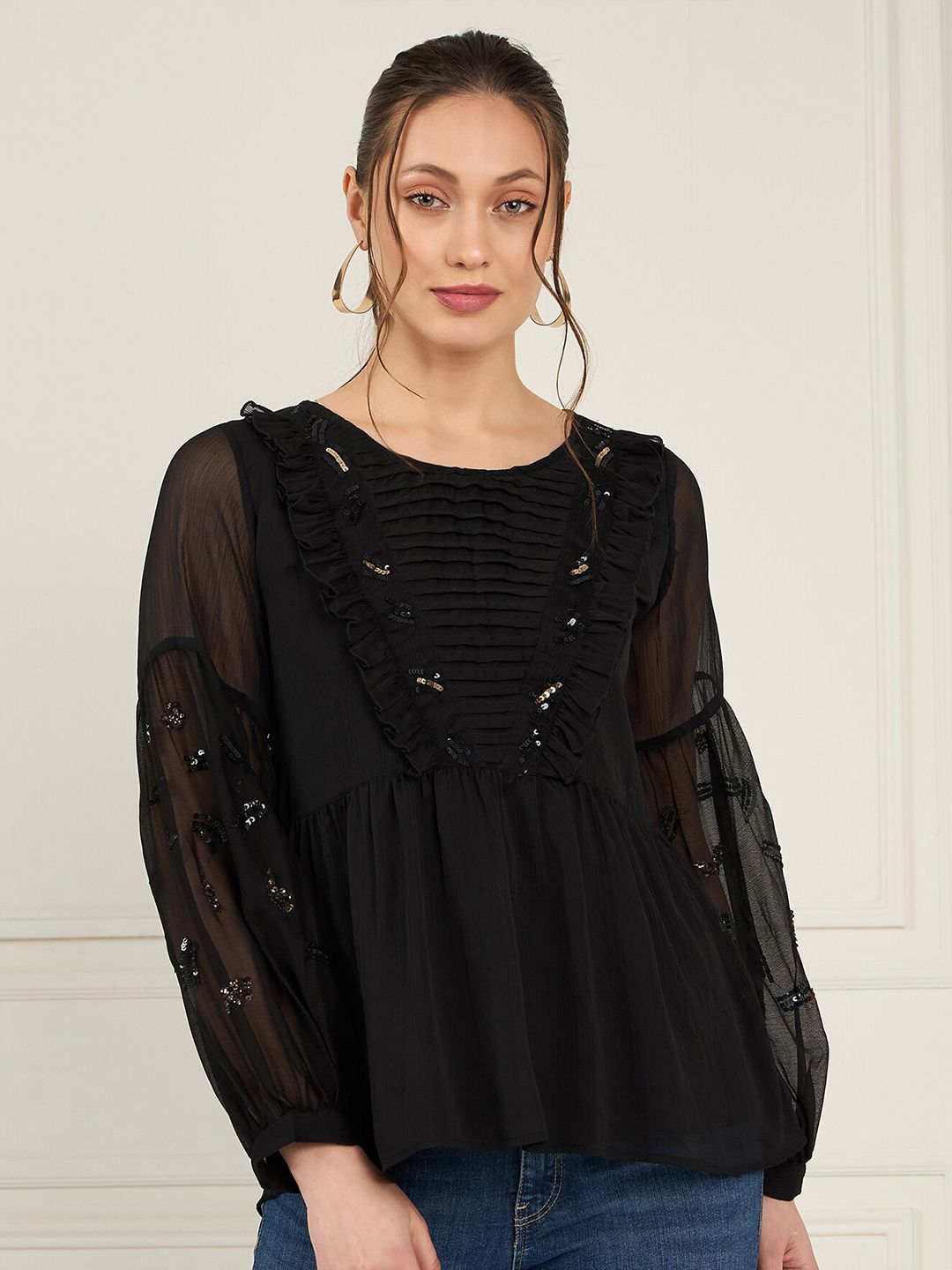 Antheaa Sequined Cuffed Sleeves A-Line Top with Pleated Detail