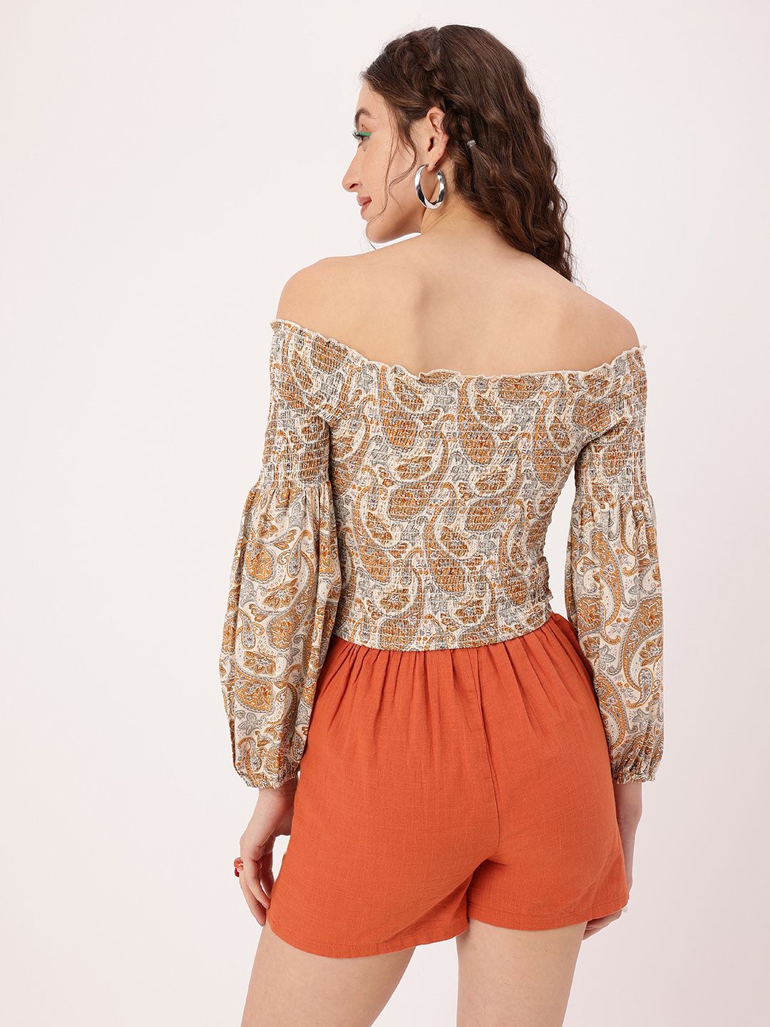 DressBerry Coachella Core Smocked Paisley Printed Off-Shoulder Fitted Crop Top