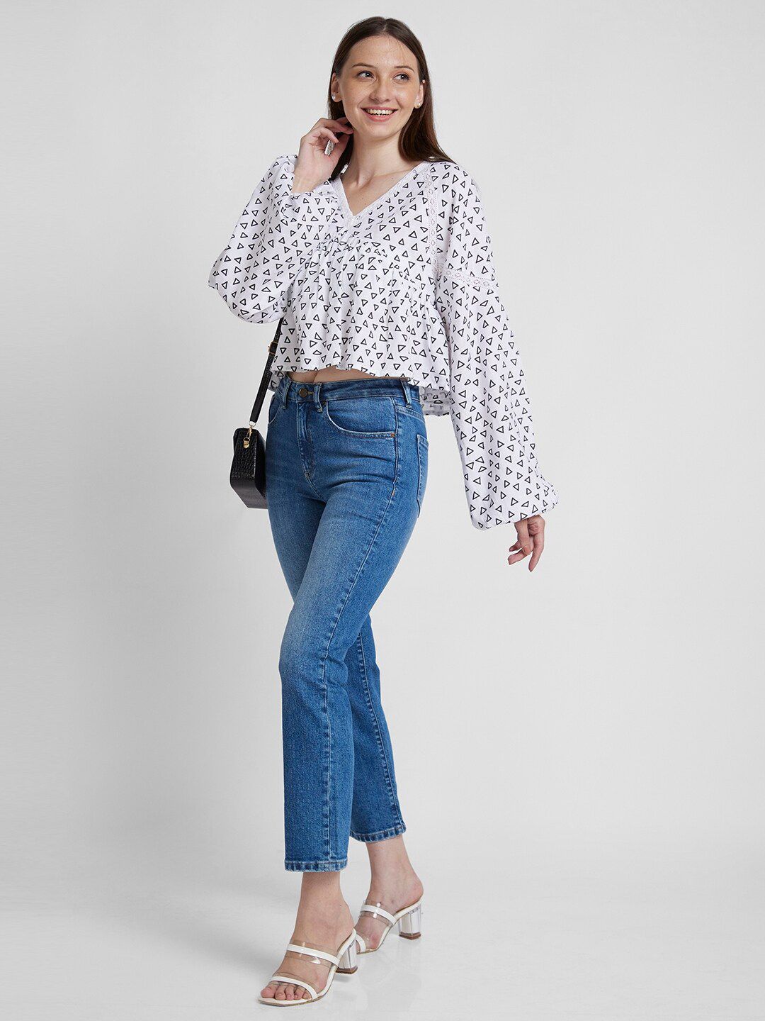 SPYKAR Geometric Printed V-Neck Flared Sleeve Lace Inserts Cotton Peplum Top