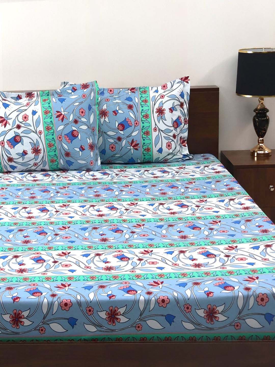 BOMBAY DYEING Cardinal Blue Floral Printed Cotton 120 TC Queen Bedsheet Set 2.54 x 2.24m