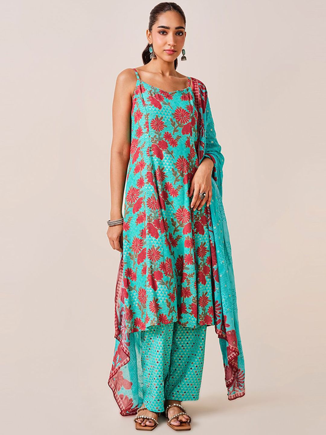 Global Desi Floral Printed Shoulder Straps A-Line Kurta With Trousers & Dupatta