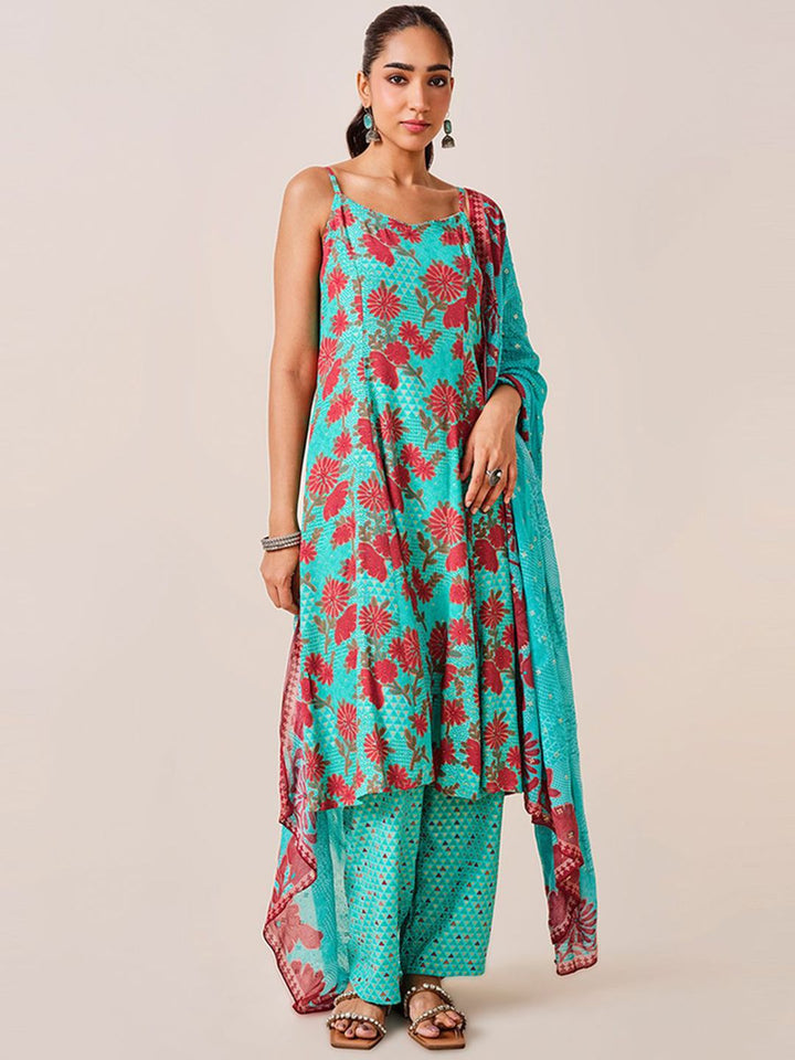 Global Desi Floral Printed Shoulder Straps A-Line Kurta With Trousers & Dupatta