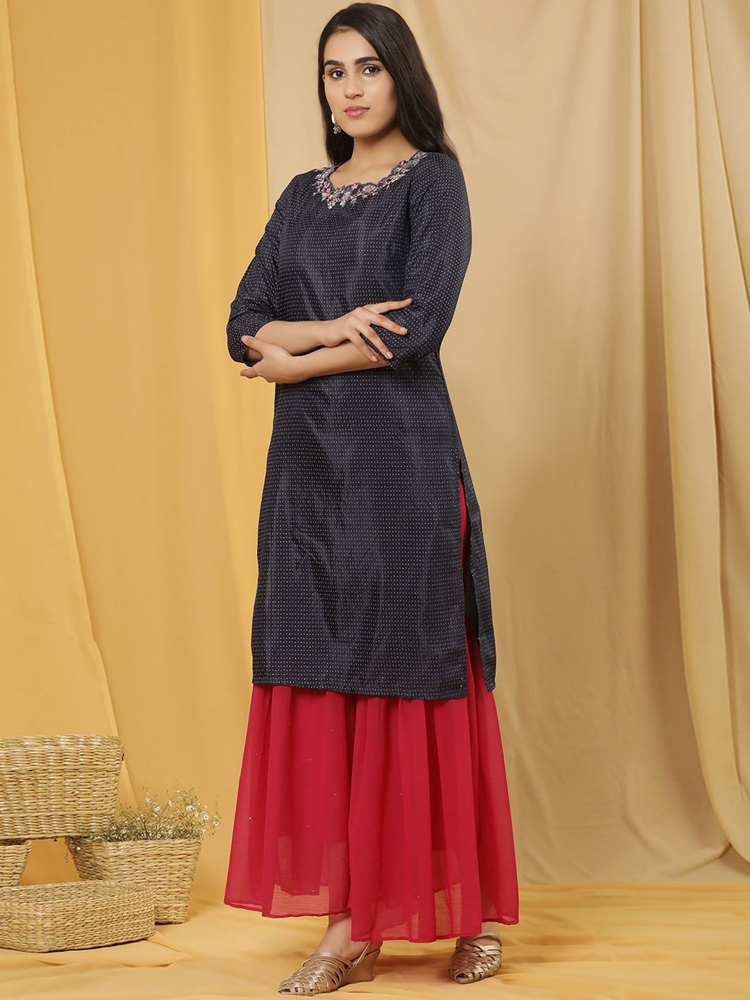 W Printed Regular Thread Work Kurta with Sharara