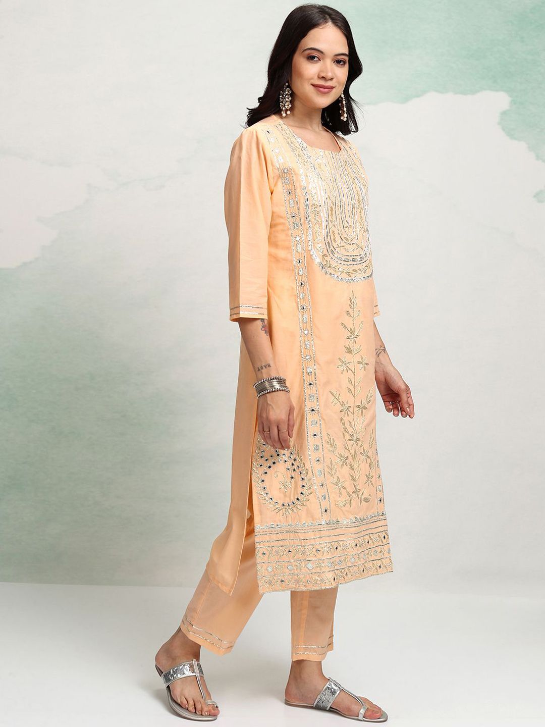 Vishudh Peach Coloured Embroidered Pure Cotton Straight Kurta with Trousers & With Dupatta