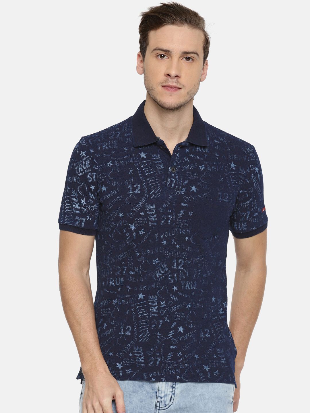 Being Human Men Blue Printed Polo Collar Pure Cotton T-shirt