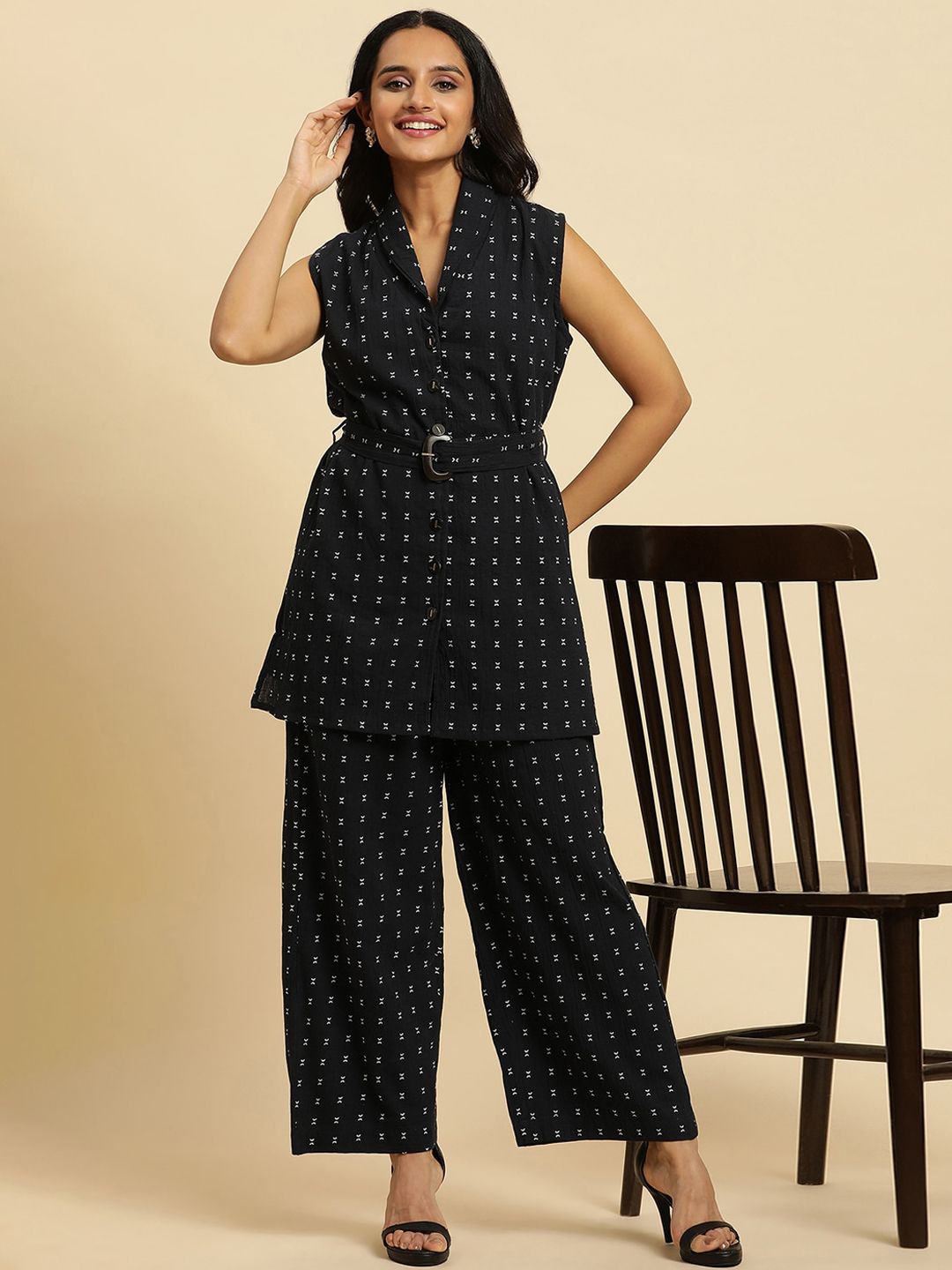 W Navy Blue Geometric Printed Regular Pure Cotton Kurta with Trousers