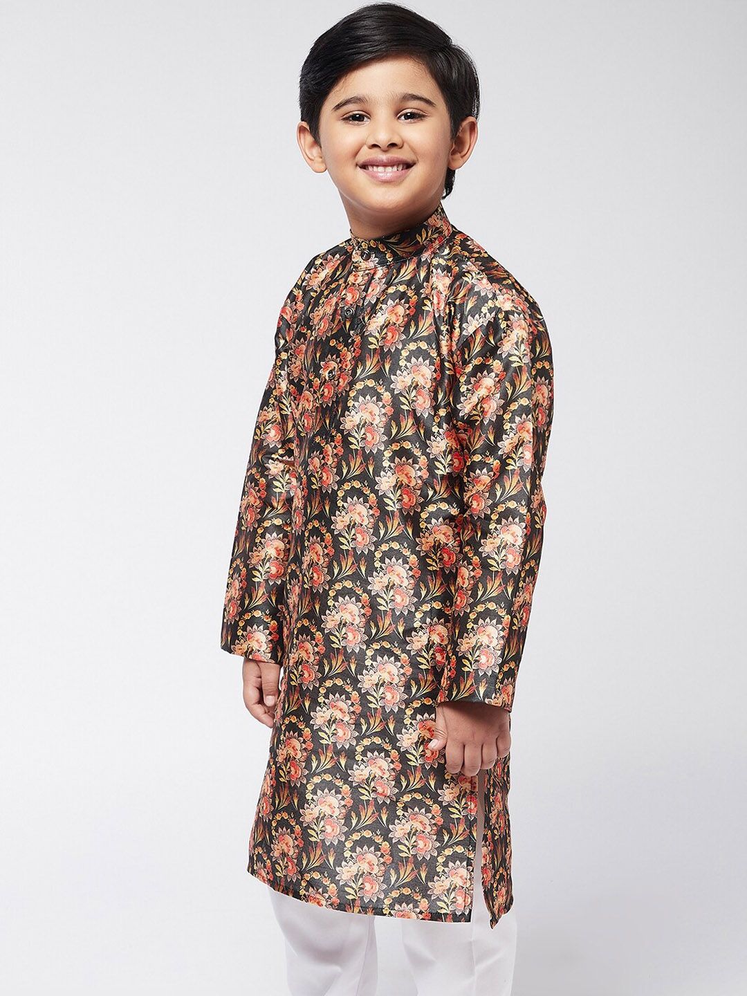 SOJANYA Boys Black Floral Printed Straight Kurta