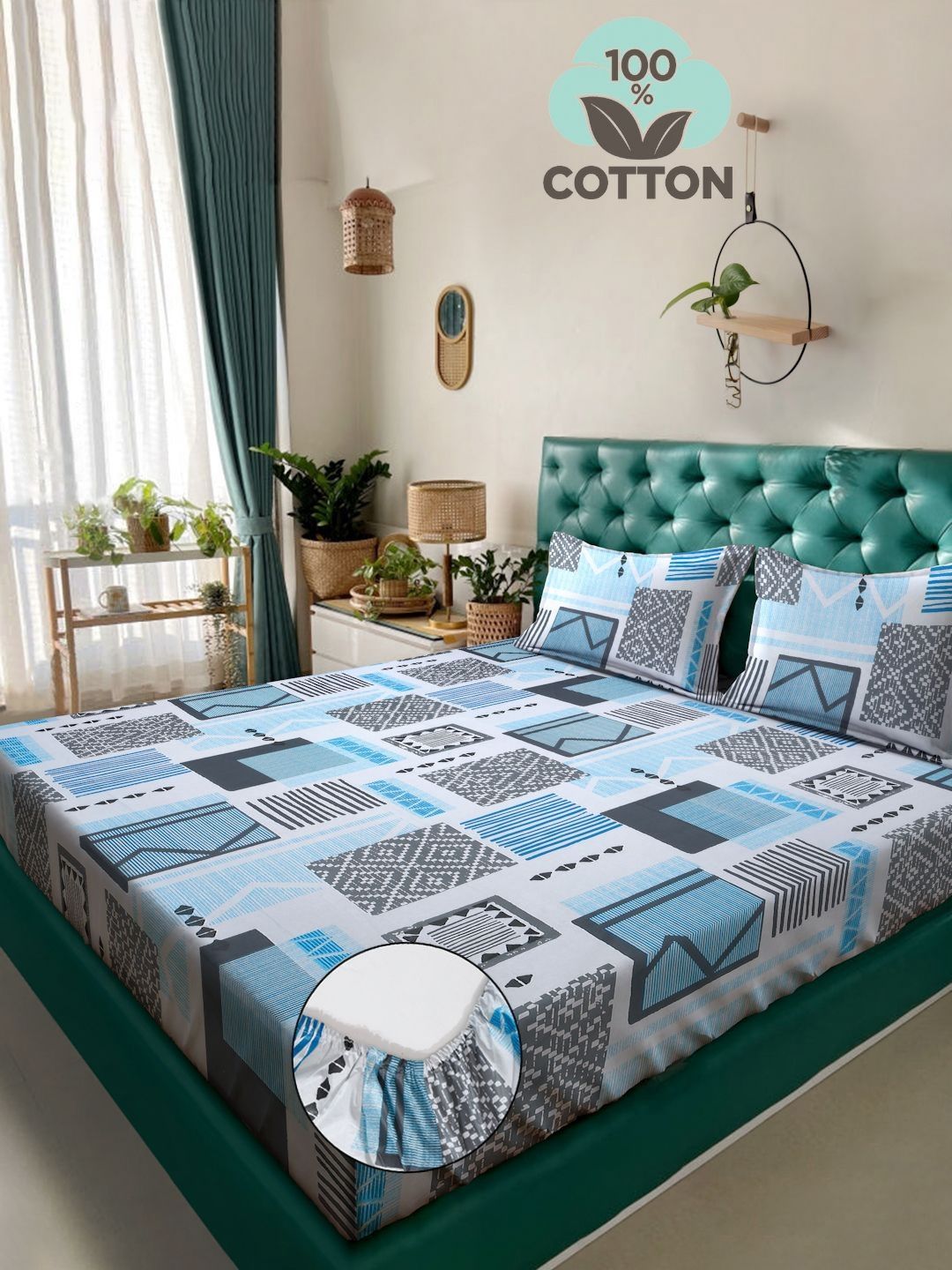 KLOTTHE Blue Geometric Printed Pure Cotton Dipasang Cadar & Sarung Bantal Double King